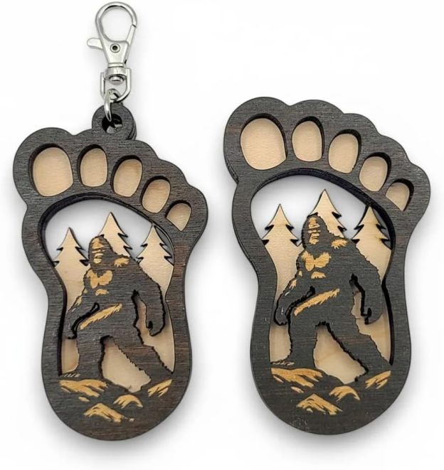 Bigfoot Keychain & Magnet Set, Wooden Bigfoot Footprint Keychain Accessory Gifts for Men & Sasquatch Enthusiasts