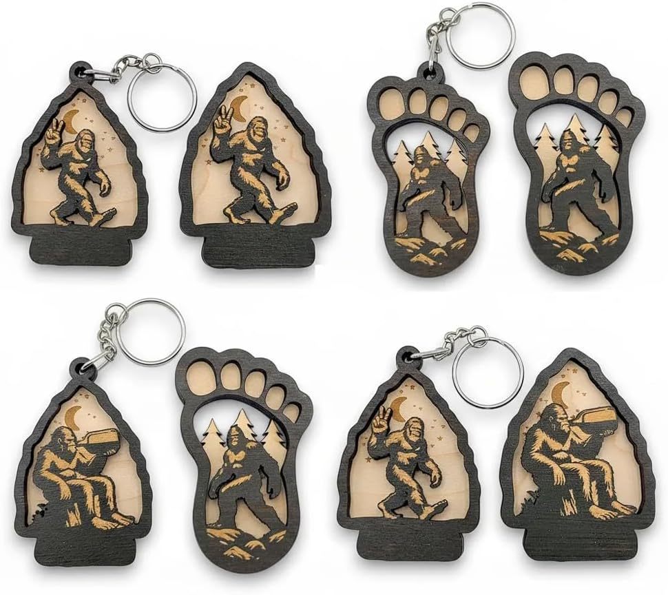Bigfoot Keychain & Magnet Set, Wooden Bigfoot Footprint Keychain Accessory Gifts for Men & Sasquatch Enthusiasts