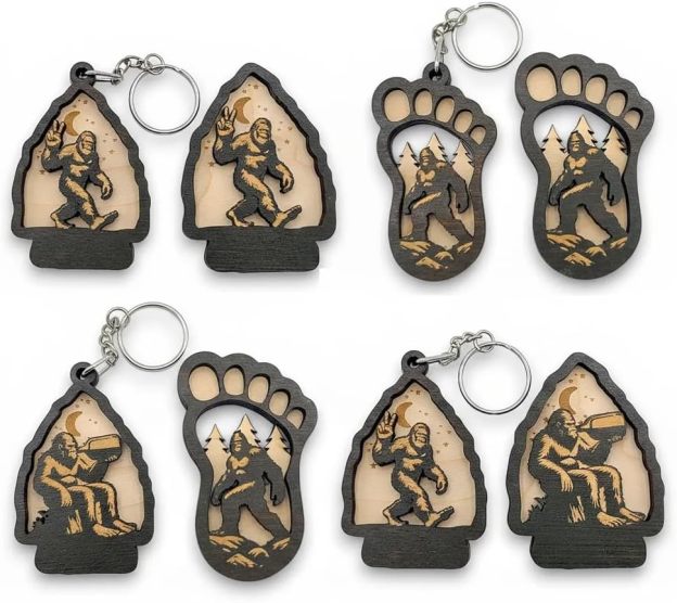 Bigfoot Keychain & Magnet Set, Wooden Bigfoot Footprint Keychain Accessory Gifts for Men & Sasquatch Enthusiasts