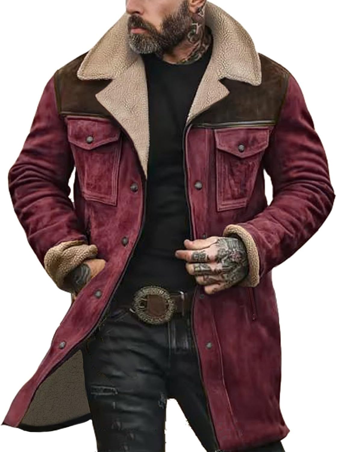 Mens Western Cowboy Jackets Vintage Suede Jacket t Plush Collar Coats Faux Leather jacket Zip Up Casual Retro Winter Tops
