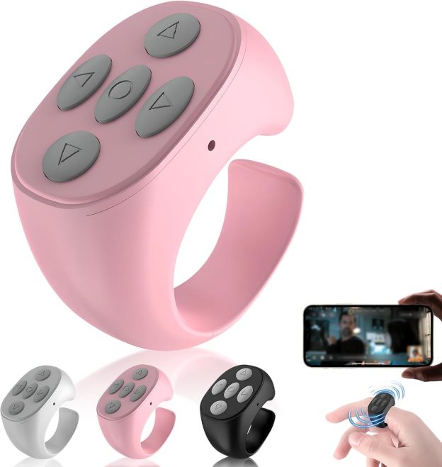 Fingertip Wireless Bluetooth Remote Control, Scrolling Ring Page Turner for Phone, Camera Shutter Scroller Remote for Short Video Music (Pink)