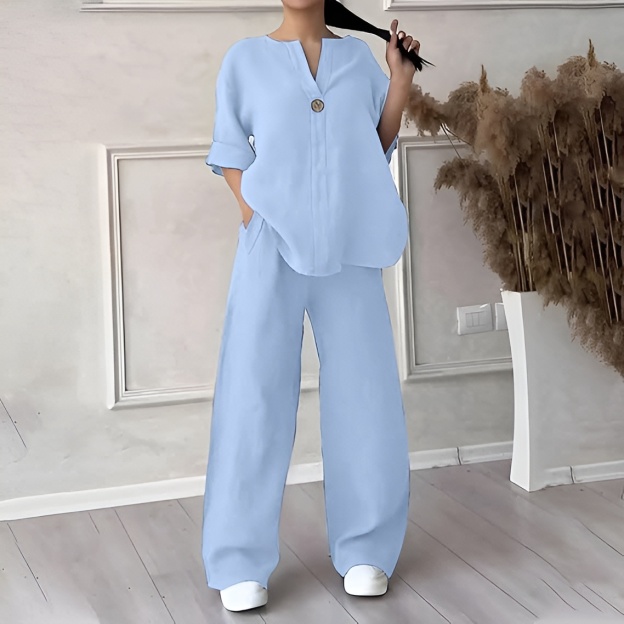 Women's V-Neck Cotton Linen Two-Piece Long Sleeve Set