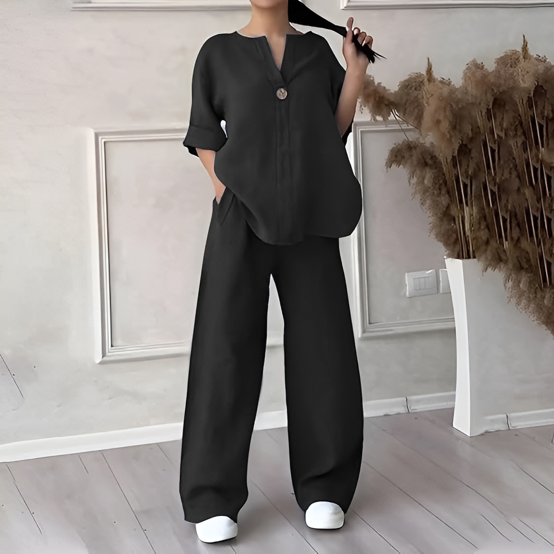 Women's V-Neck Cotton Linen Two-Piece Long Sleeve Set