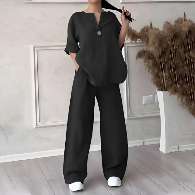 Women's V-Neck Cotton Linen Two-Piece Long Sleeve Set