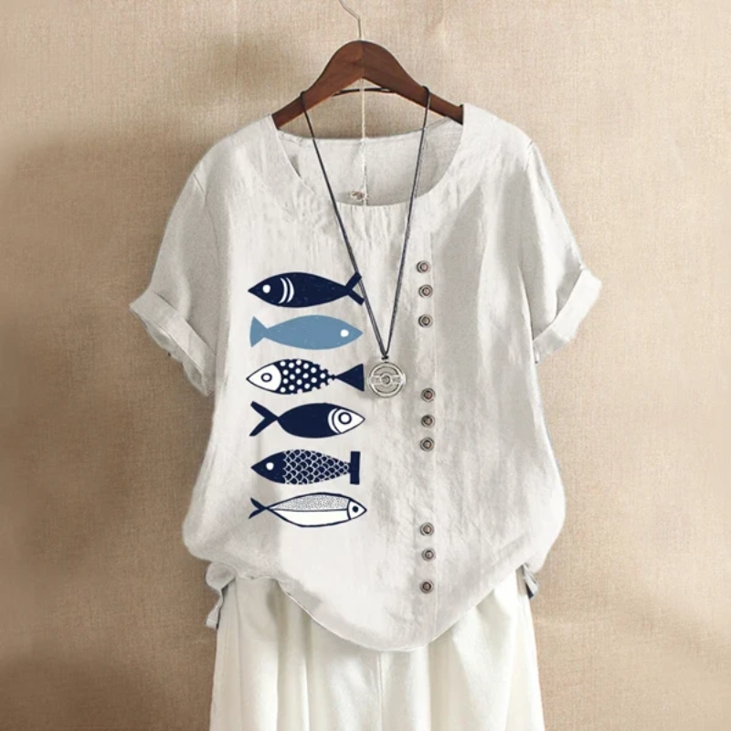 Cartoon Fish Print Summer Blouse