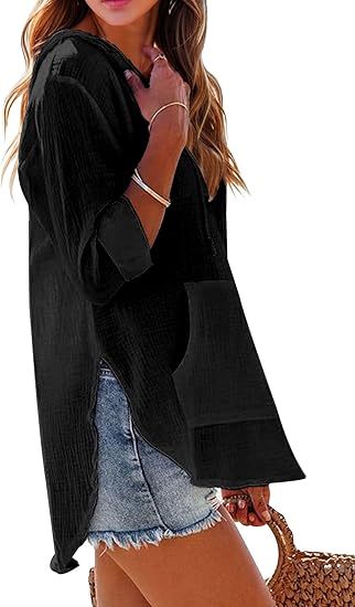 👗Women's Beach Cover Up hoodies sweatshirt Long Sleeve V Neck Pocketed Hooded Shirt Top