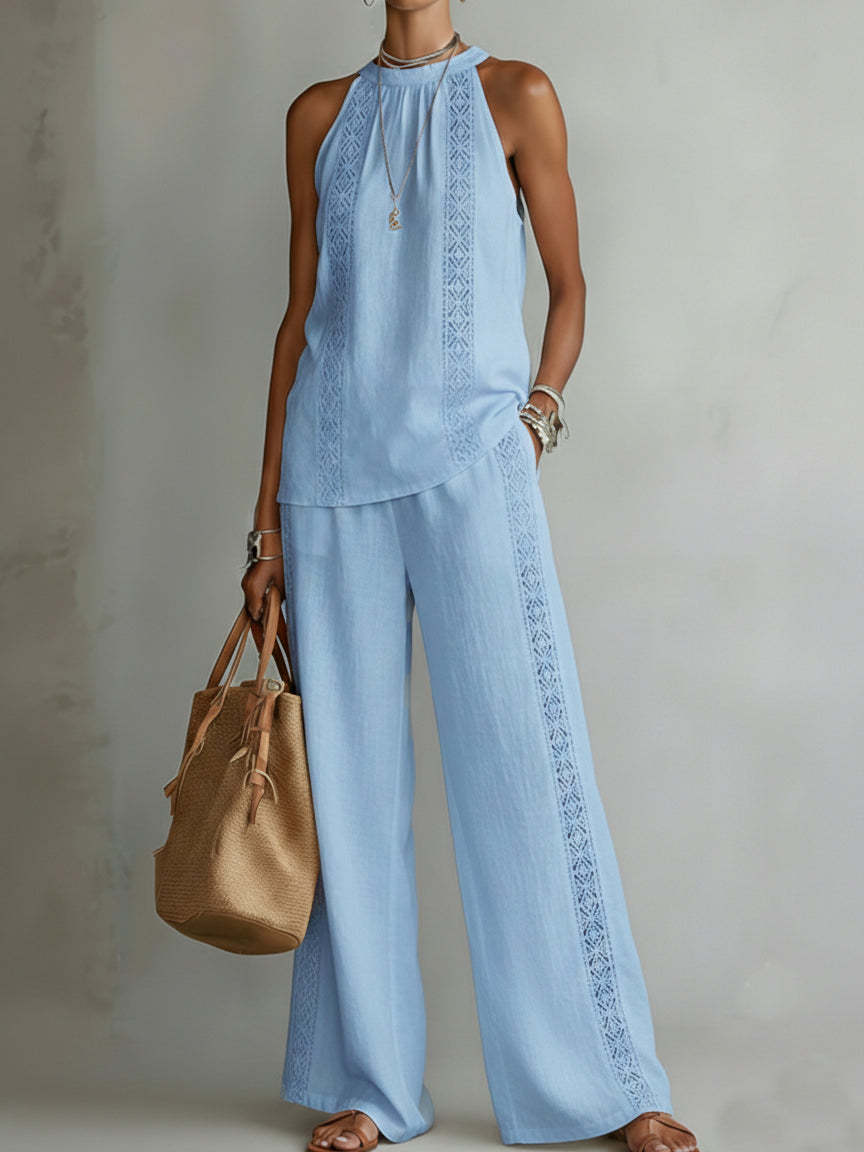 Retro Cozy Lace Top And Wide-leg Pants Linen Set