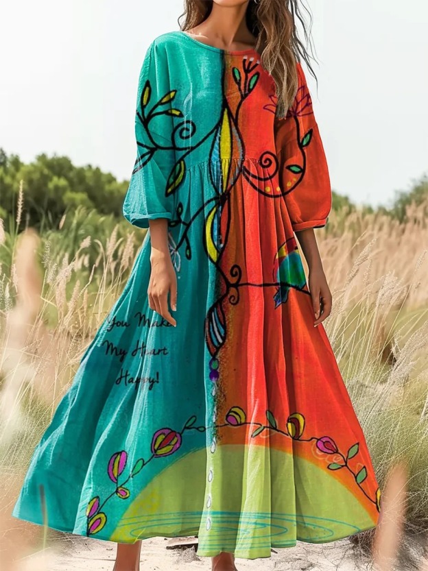 Women's Vintage Folk Art Floral Pattern Print Pocket Cotton Dress