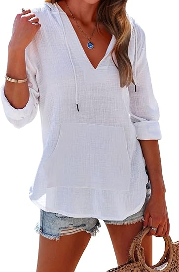 👗Women's Beach Cover Up hoodies sweatshirt Long Sleeve V Neck Pocketed Hooded Shirt Top