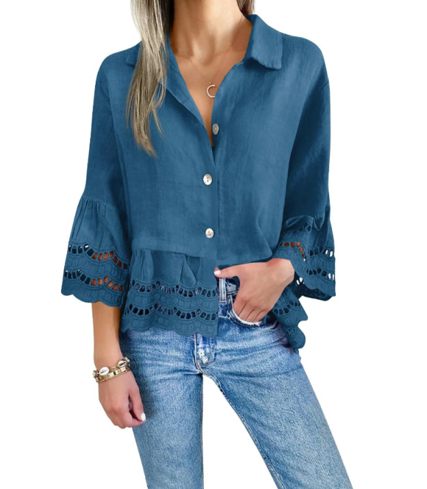 Large Ruffle Bell-Sleeved Hollow Lace Blouse