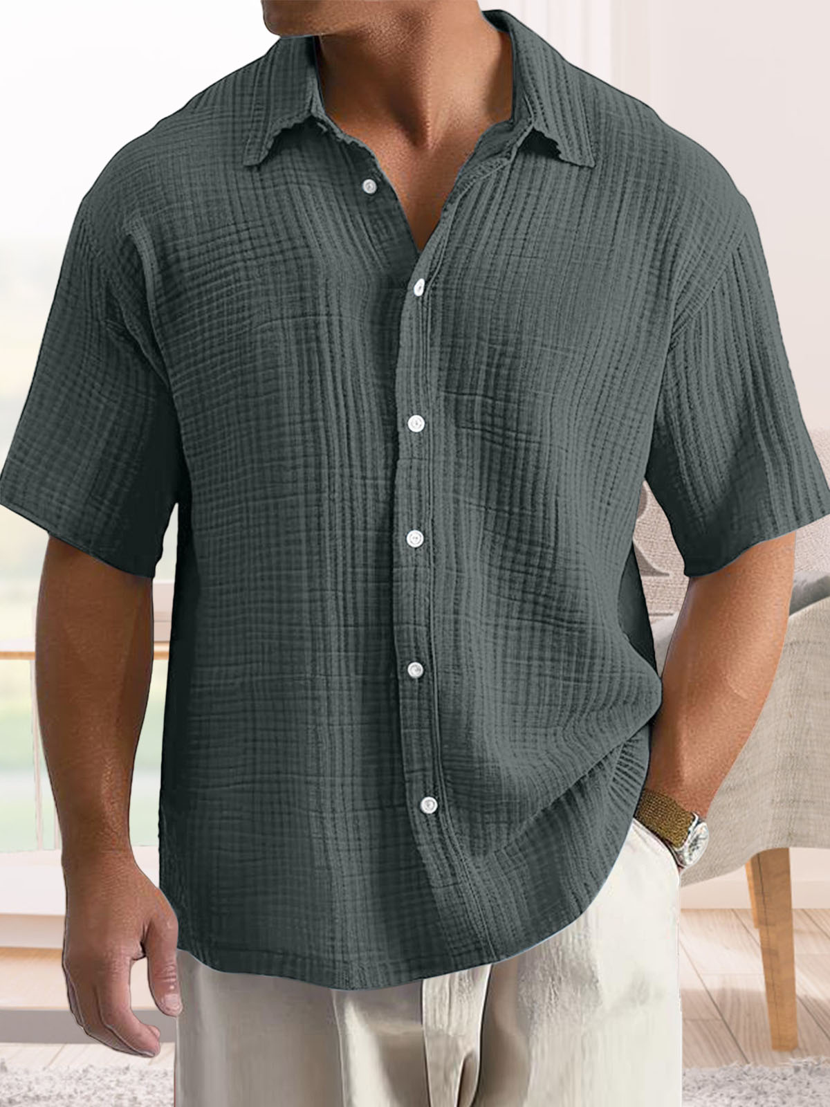 Men's Casual Cotton Short-sleeved Shirt with Lapel