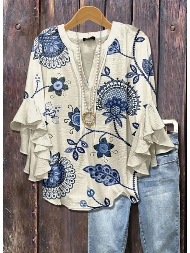 Women's Retro Blouse Layered Ruffle Sleeve Tops 3D Print Vintage Floral Graphic Daily Stylish Casual 3/4 Length Sleeve Regular Tops Daily Holiday Vacation Wear Print Purple Green Beige