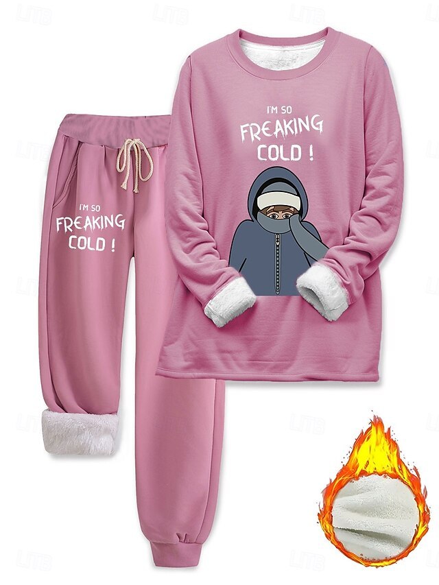 Women's Elegant Warm Fashion Two Piece Sets Tracksuit Pants Sets Long Sleeve Bishop Sleeve Crew Neck Round Neck Graphic Letter Portrait Print Outdoor Vacation Daily Black Pink Dark Pink Spring