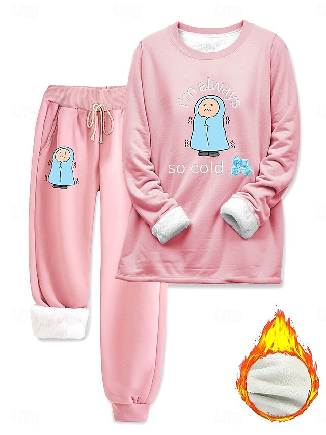 Women's Elegant Warm Fashion Two Piece Sets Tracksuit Pants Sets Long Sleeve Bishop Sleeve Crew Neck Graphic Letter Portrait Print Outdoor Vacation Daily Black Pink Dark Pink Spring Regular Fit