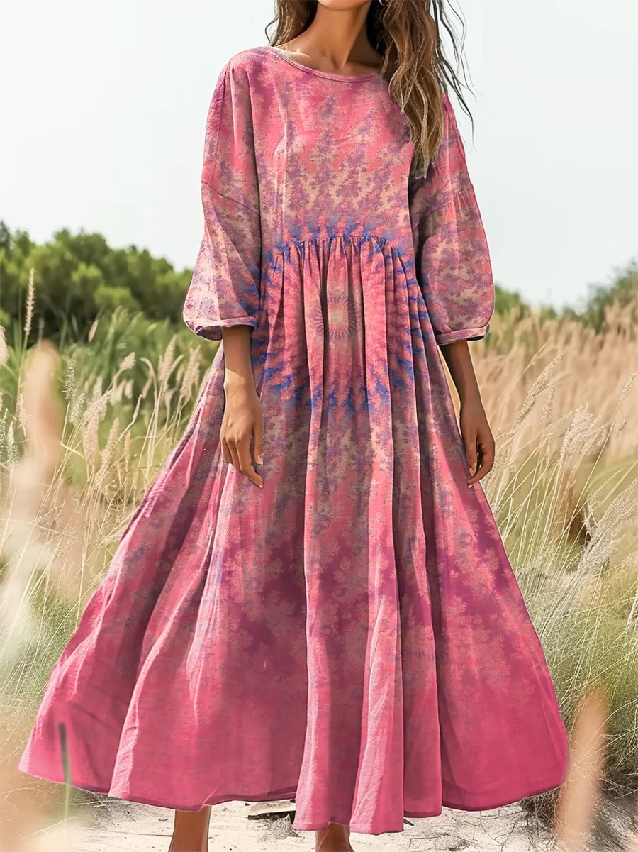 Women's Vintage Folk Art Floral Pattern Print Pocket Cotton Dress