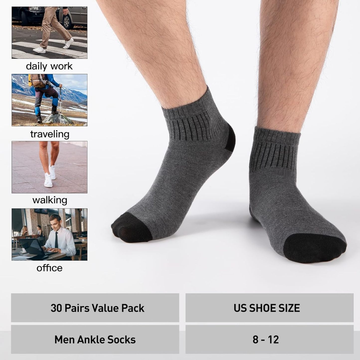 30 Pairs Ankle Socks For Men/Women - Breathable Mens Socks Size 10-13 Mini Crew Quarter Sock Value Pack in Bulk