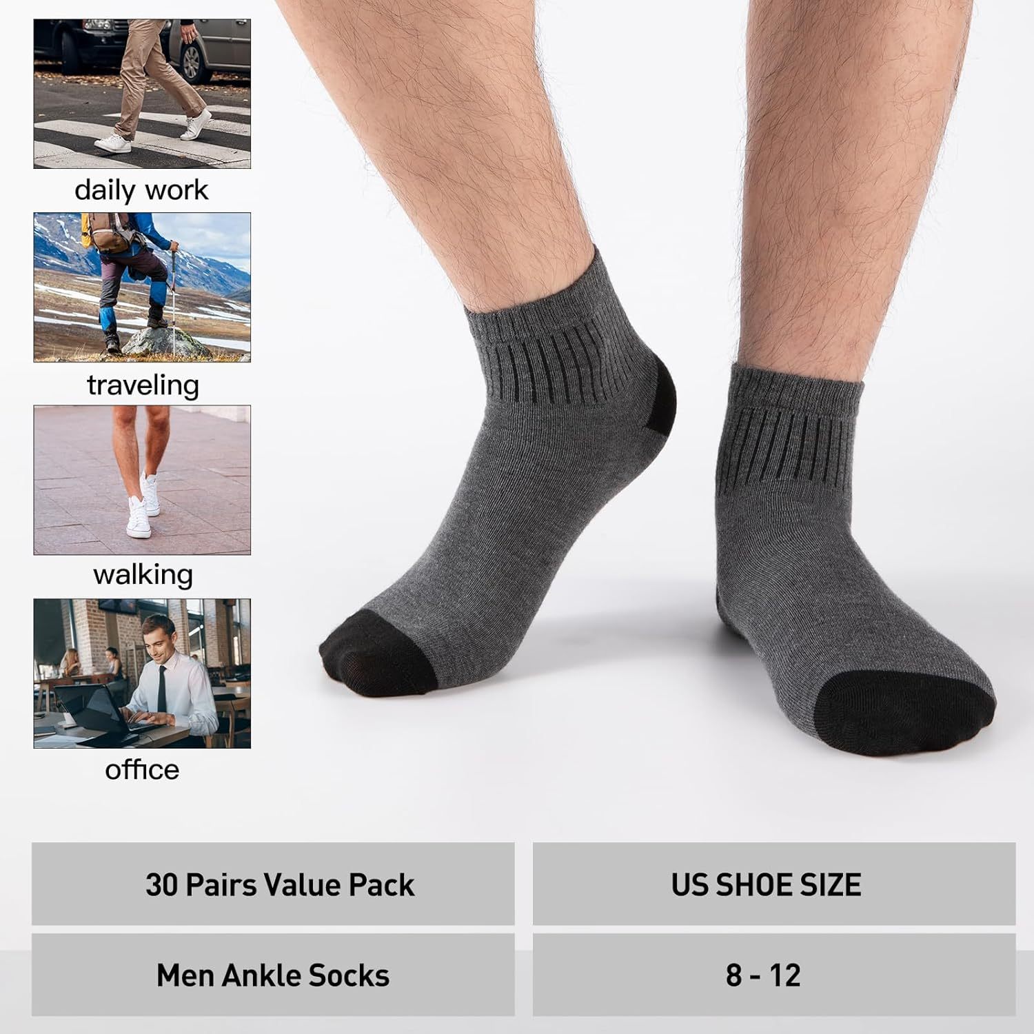 30 Pairs Ankle Socks For Men/Women - Breathable Mens Socks Size 10-13 Mini Crew Quarter Sock Value Pack in Bulk