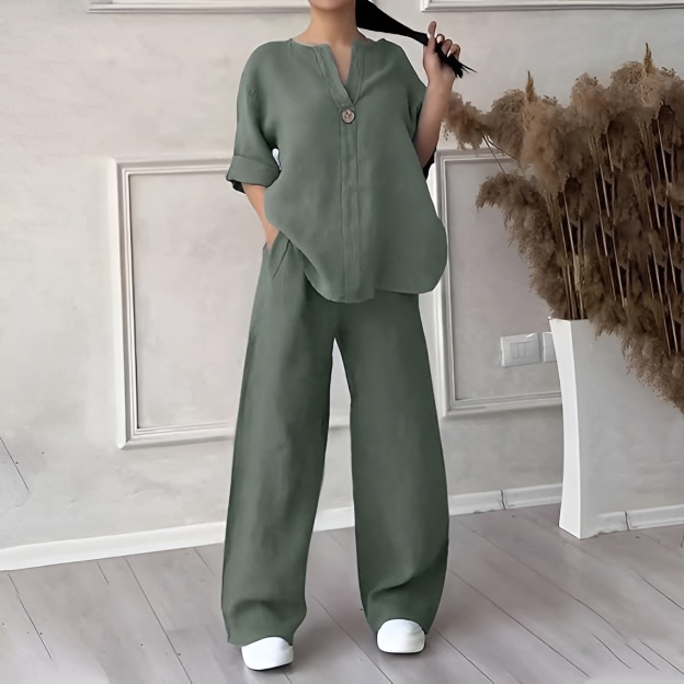 Women's V-Neck Cotton Linen Two-Piece Long Sleeve Set