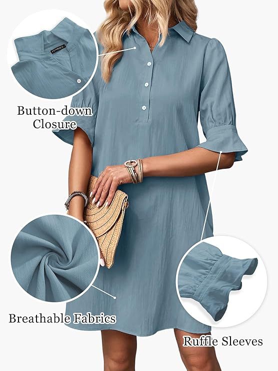 Women's Summer Shirt Dress – Casual Button Down with Ruffle Sleeves & Pockets, Vacation-Ready