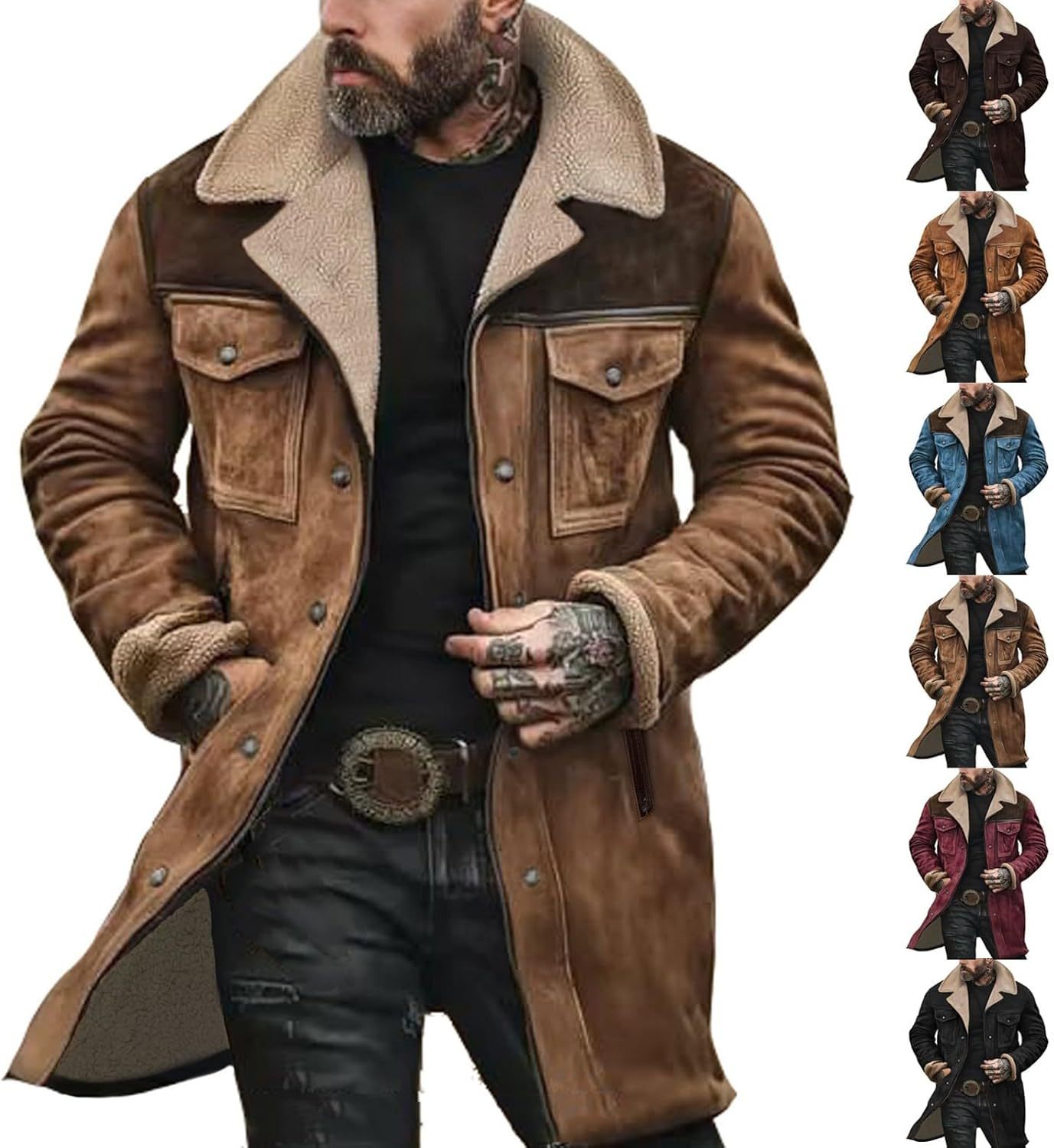 Mens Western Cowboy Jackets Vintage Suede Jacket t Plush Collar Coats Faux Leather jacket Zip Up Casual Retro Winter Tops