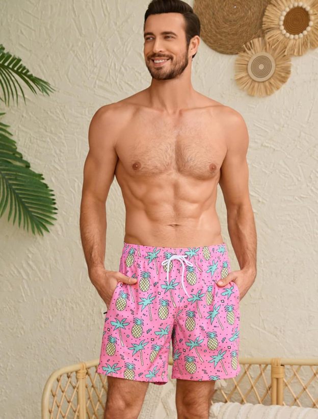 Mens Swim Trunks with Compression Liner Quick Dry Bathing Suit with Zipper Pockets Lightweight Beach Shorts