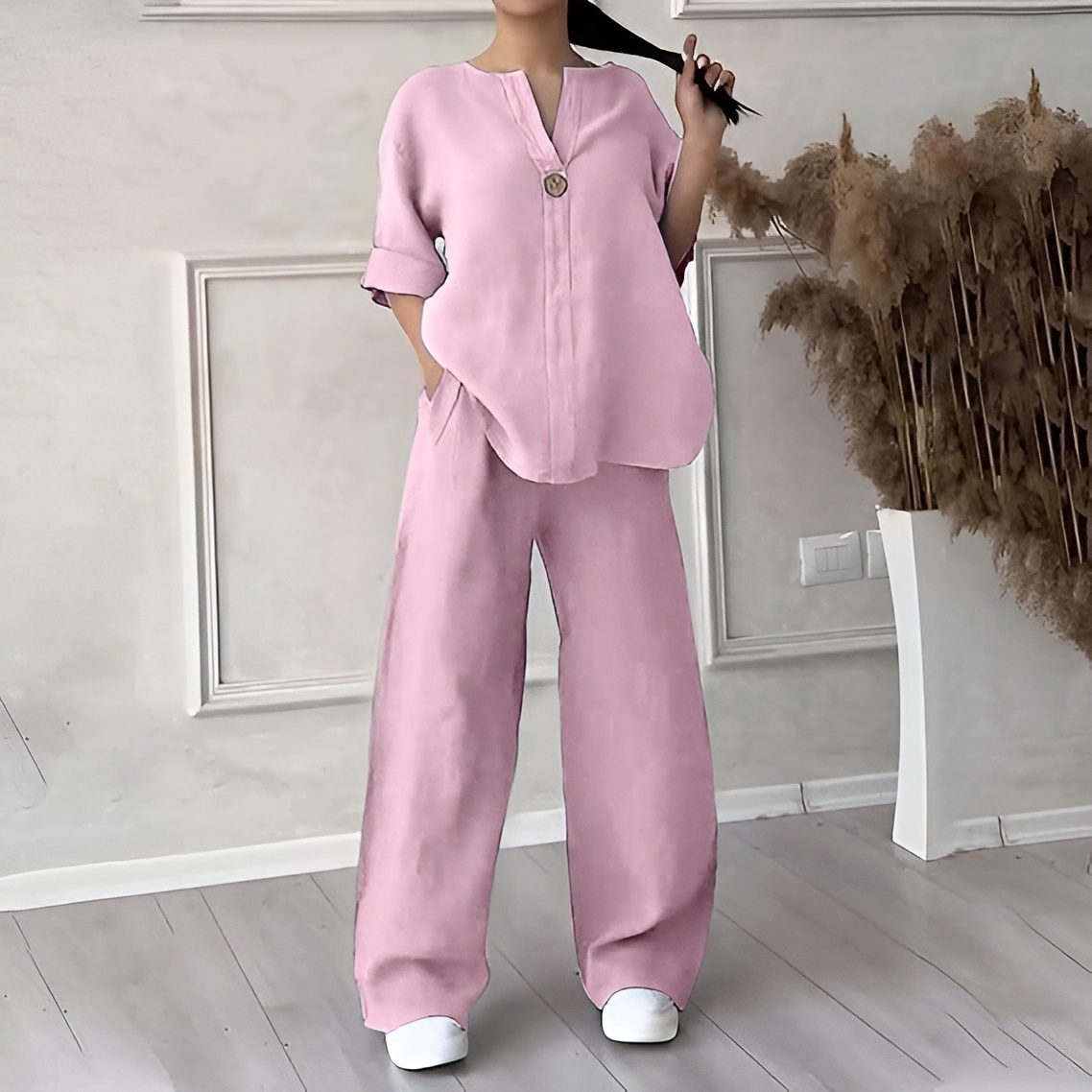 Women's V-Neck Cotton Linen Two-Piece Long Sleeve Set