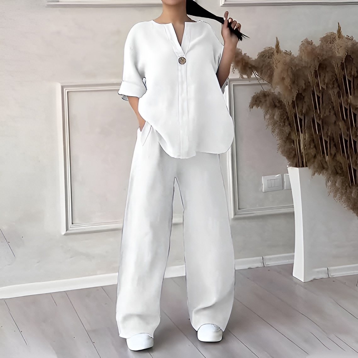 Women's V-Neck Cotton Linen Two-Piece Long Sleeve Set