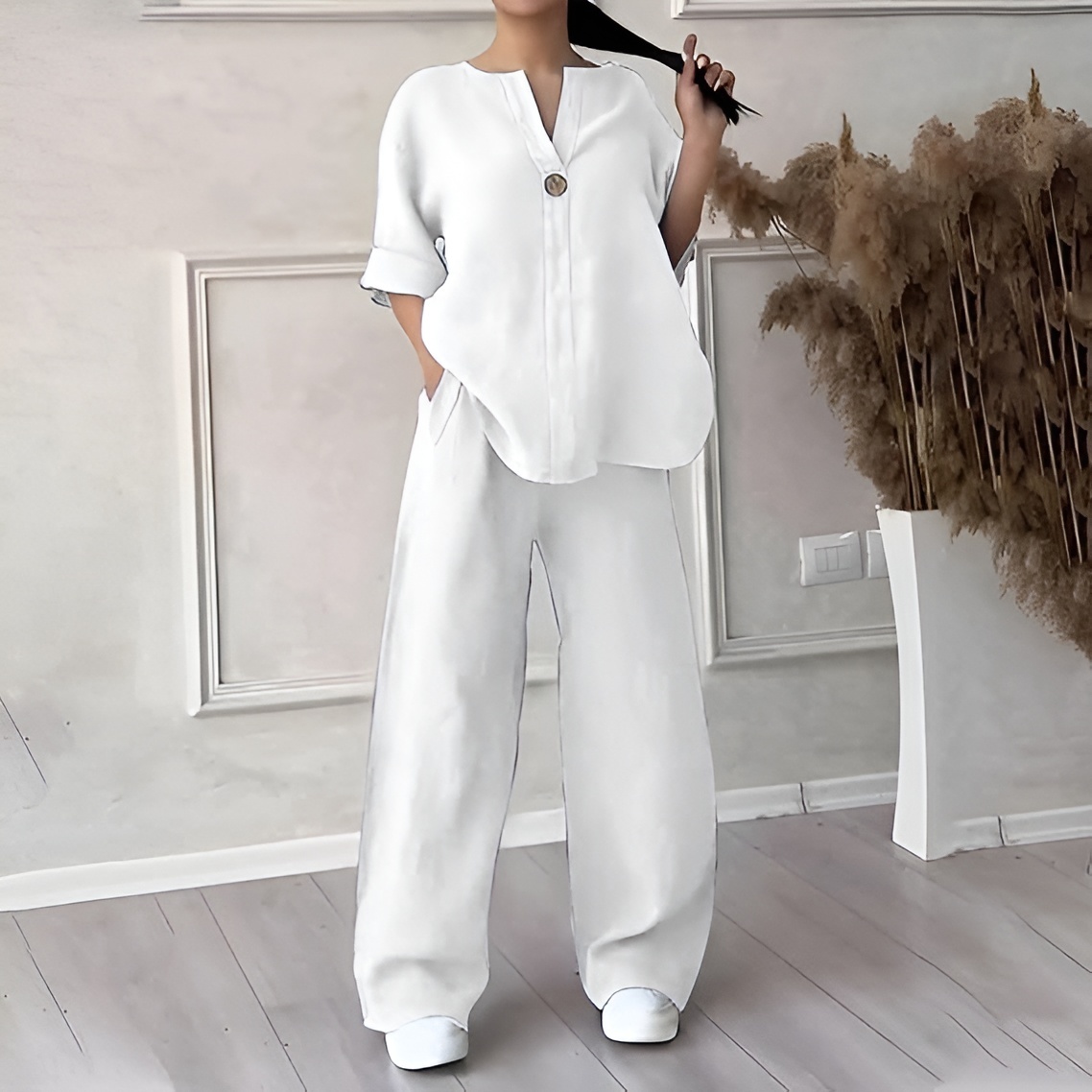 Women's V-Neck Cotton Linen Two-Piece Long Sleeve Set