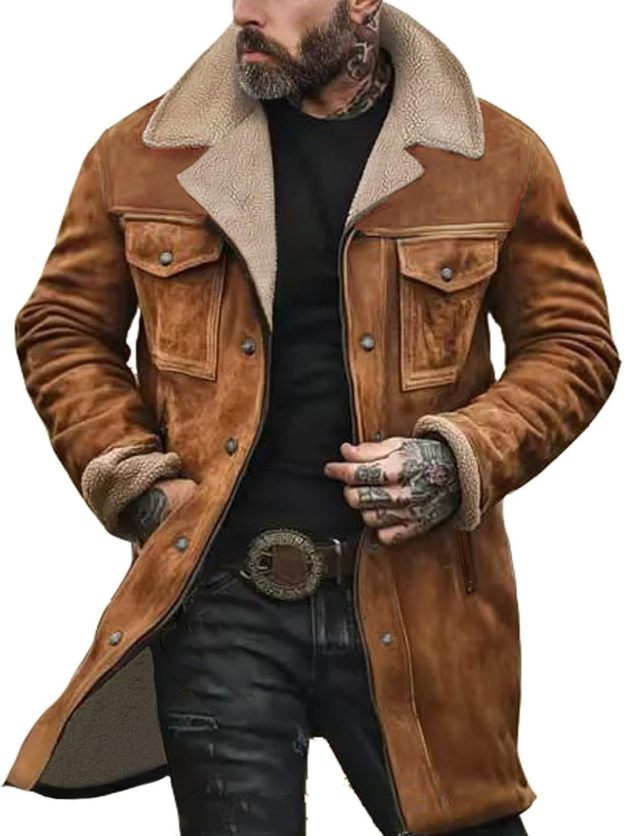 Mens Western Cowboy Jackets Vintage Suede Jacket t Plush Collar Coats Faux Leather jacket Zip Up Casual Retro Winter Tops