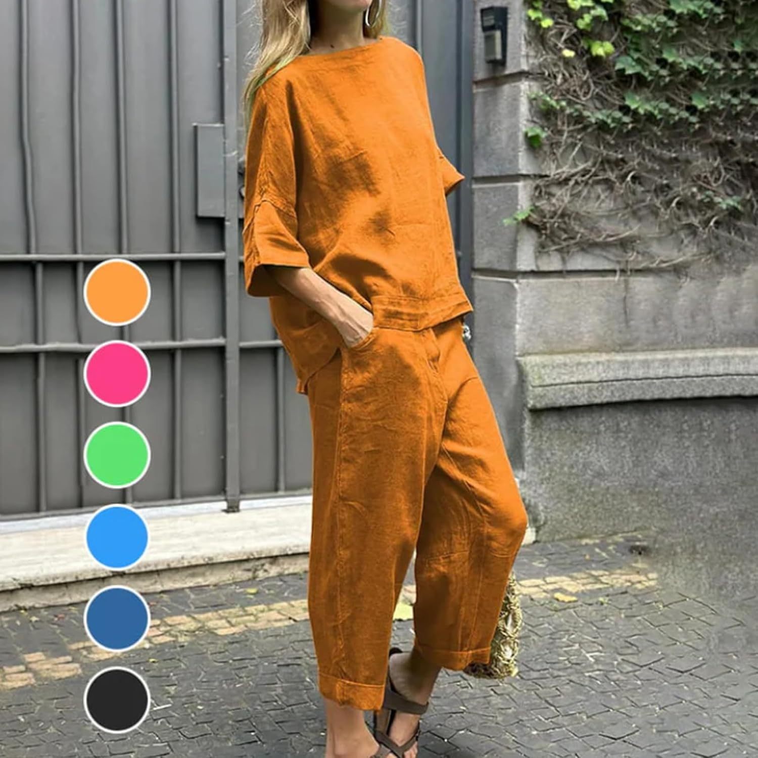 Plus Size Linen 2-Piece Set – 3/4 Sleeve Top & High-Waisted Pants