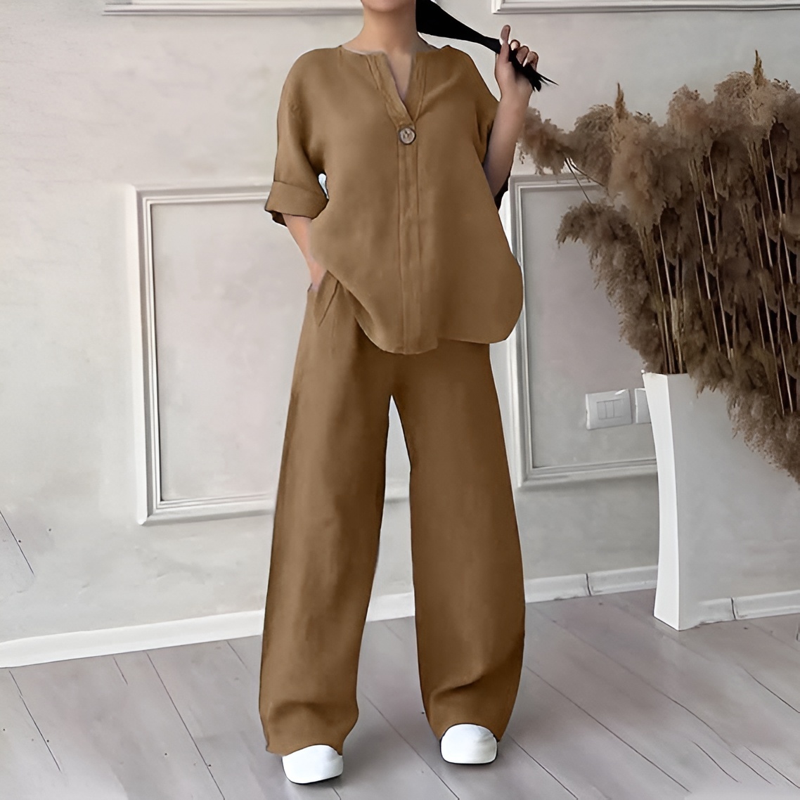 Women's V-Neck Cotton Linen Two-Piece Long Sleeve Set