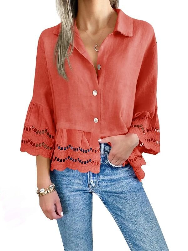 Large Ruffle Bell-Sleeved Hollow Lace Blouse
