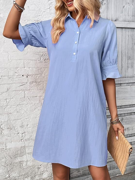 Women's Summer Shirt Dress – Casual Button Down with Ruffle Sleeves & Pockets, Vacation-Ready