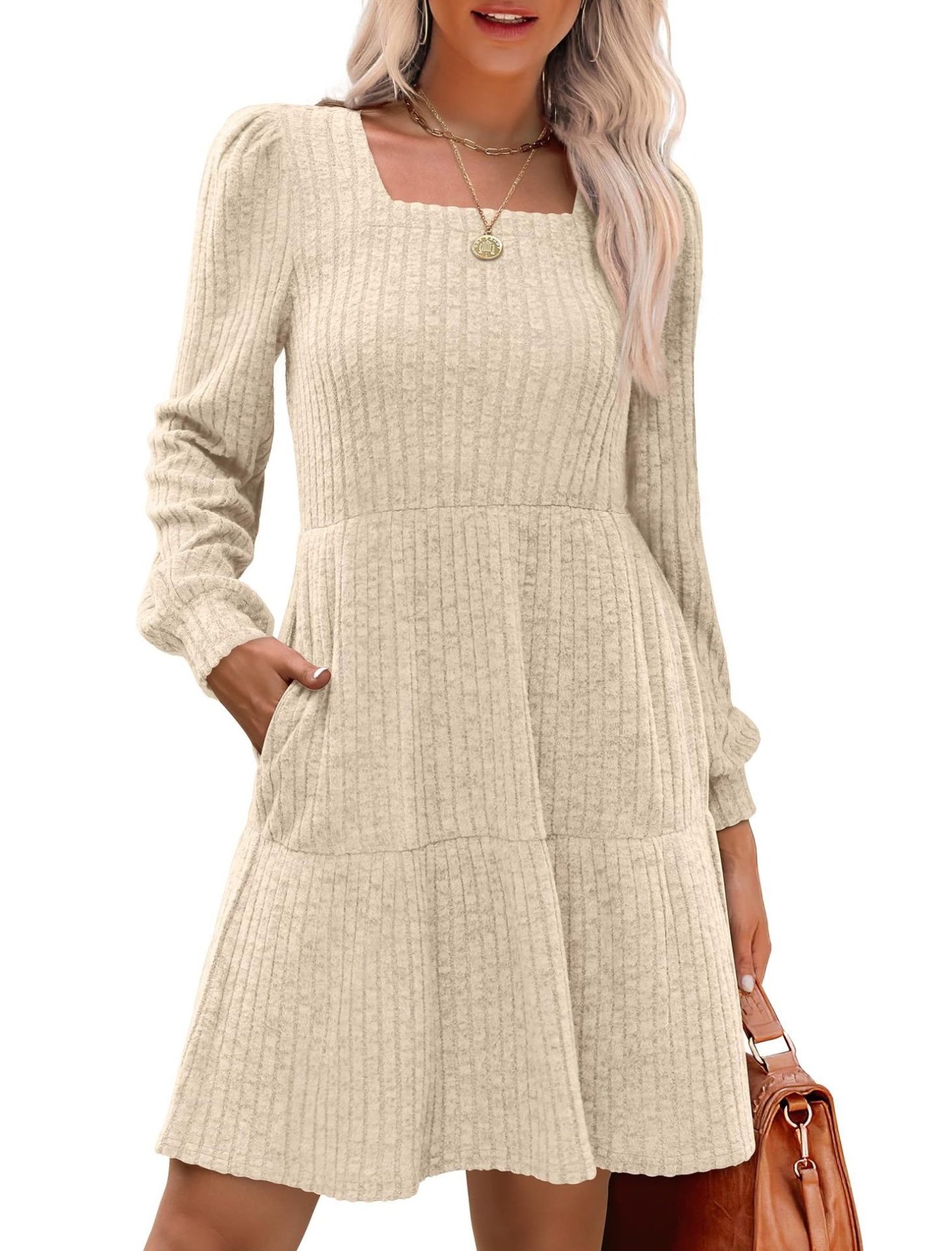 Womens Square Neck Long Sleeve Fall Dresses Casual Babydoll Sweater Dress
