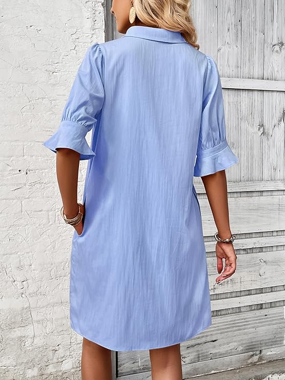 Women's Summer Shirt Dress – Casual Button Down with Ruffle Sleeves & Pockets, Vacation-Ready