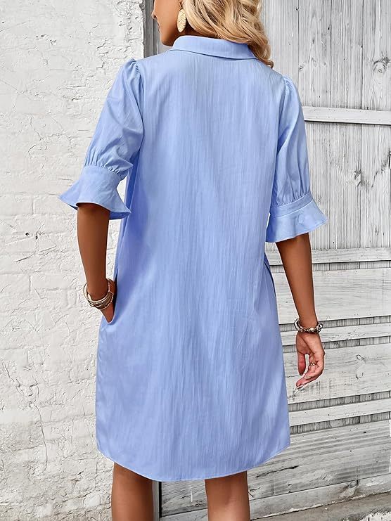 Women's Summer Shirt Dress – Casual Button Down with Ruffle Sleeves & Pockets, Vacation-Ready