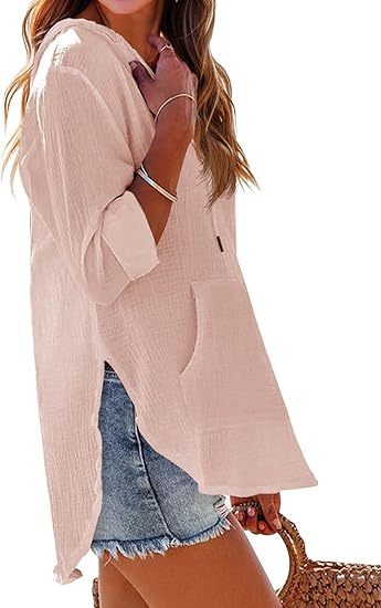 👗Women's Beach Cover Up hoodies sweatshirt Long Sleeve V Neck Pocketed Hooded Shirt Top