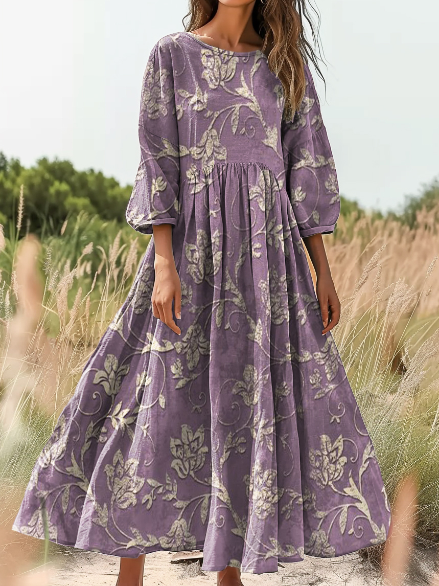 Women's Vintage Folk Art Floral Pattern Print Pocket Cotton Dress