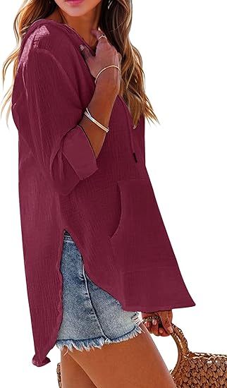 👗Women's Beach Cover Up hoodies sweatshirt Long Sleeve V Neck Pocketed Hooded Shirt Top