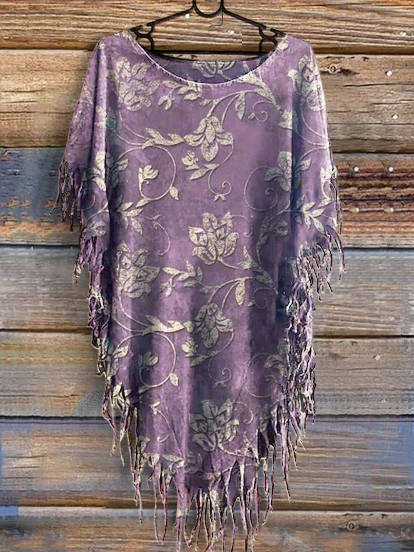 Women's Vintage Folk Art Floral Pattern Print Pocket Cotton Dress