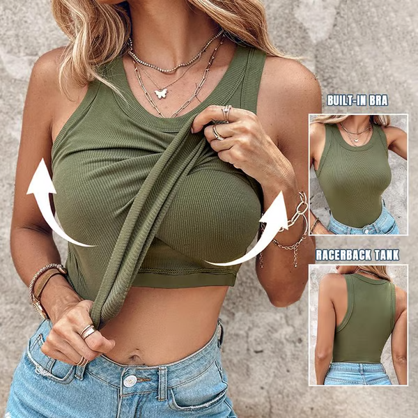 Round Neck Built-in Bra Ribbed Tank Top Fit Casual Comfortable