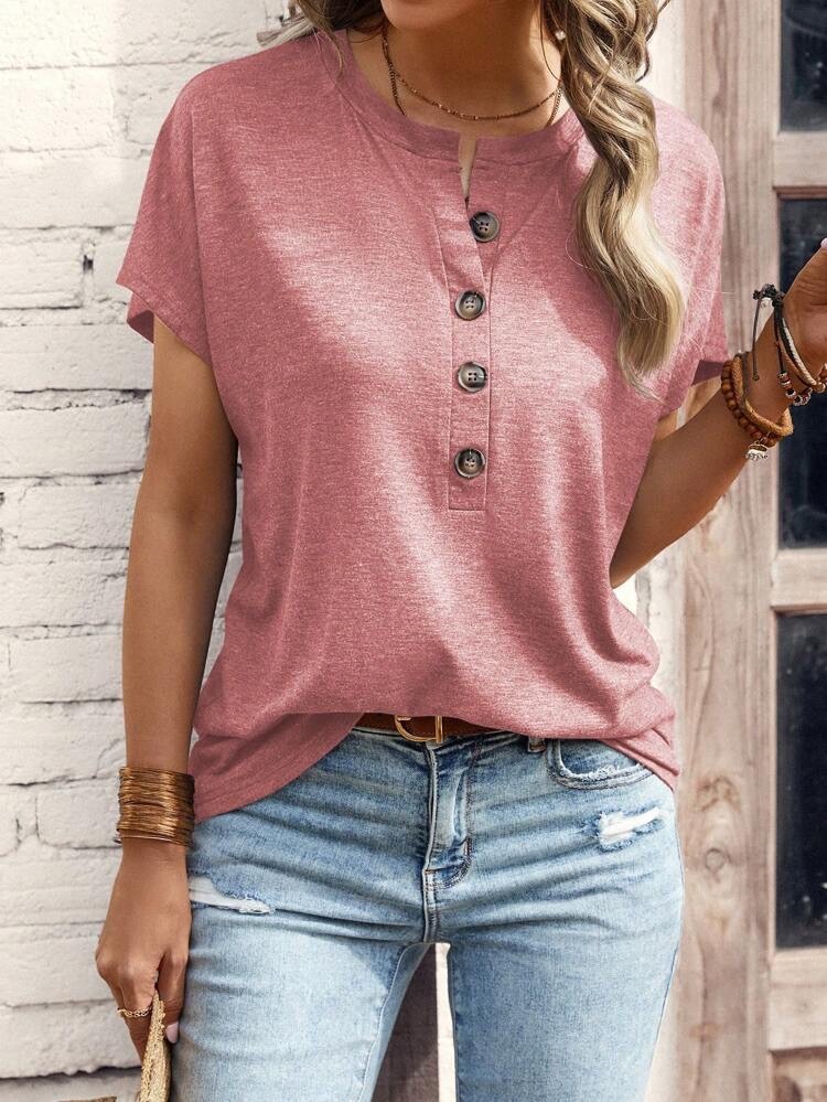Solid Color Buttoned Fashionable Short-sleeved T-shirt