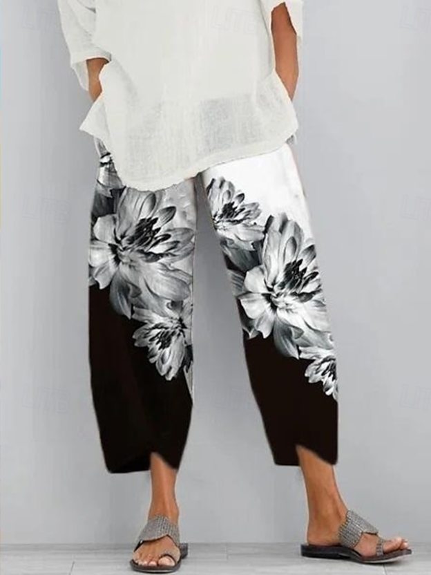  Women's Wide Leg Chinos Baggy Pants Vacation Vintage Ethnic Style Ankle-Length High Waist Floral Graphic Printing Thermal Warm Soft Breathable Micro-elastic Vacation Street Causal Ash Violet Robin's