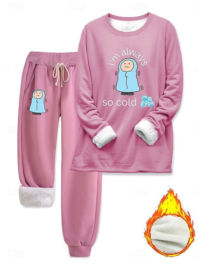 Women's Elegant Warm Fashion Two Piece Sets Tracksuit Pants Sets Long Sleeve Bishop Sleeve Crew Neck Graphic Letter Portrait Print Outdoor Vacation Daily Black Pink Dark Pink Spring Regular Fit