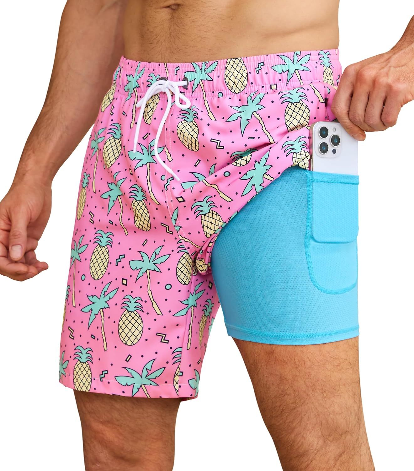 Mens Swim Trunks with Compression Liner Quick Dry Bathing Suit with Zipper Pockets Lightweight Beach Shorts