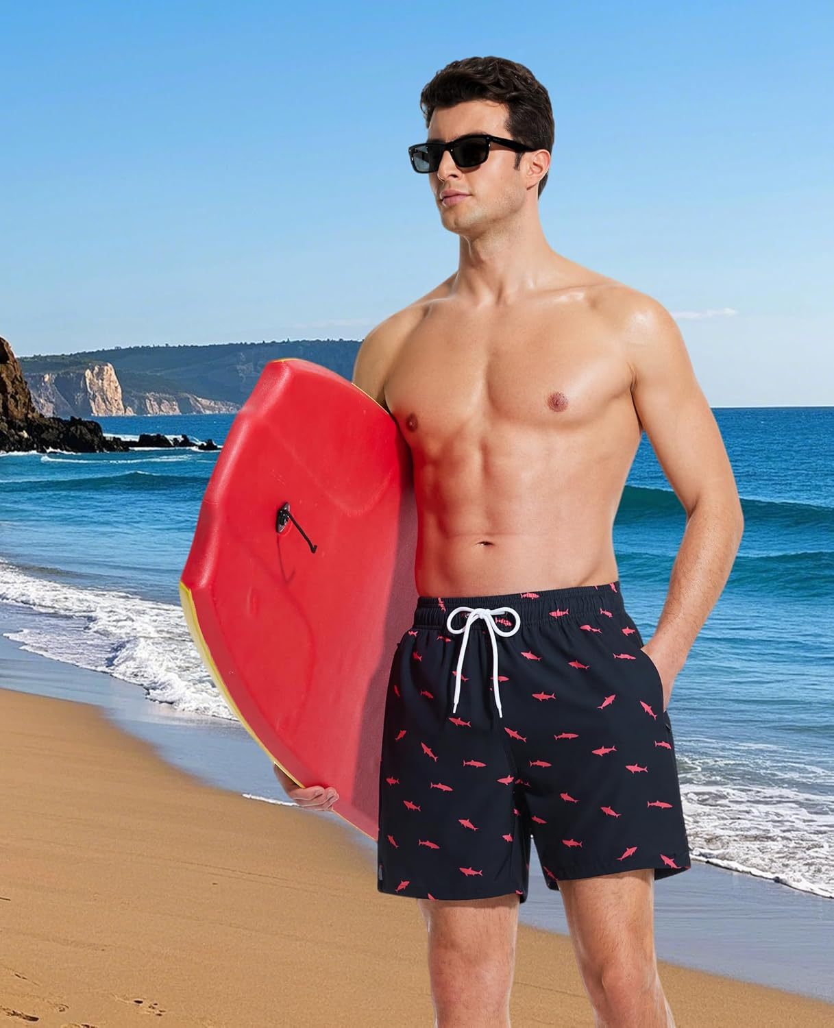 Mens Swim Trunks with Compression Liner Quick Dry Bathing Suit with Zipper Pockets Lightweight Beach Shorts
