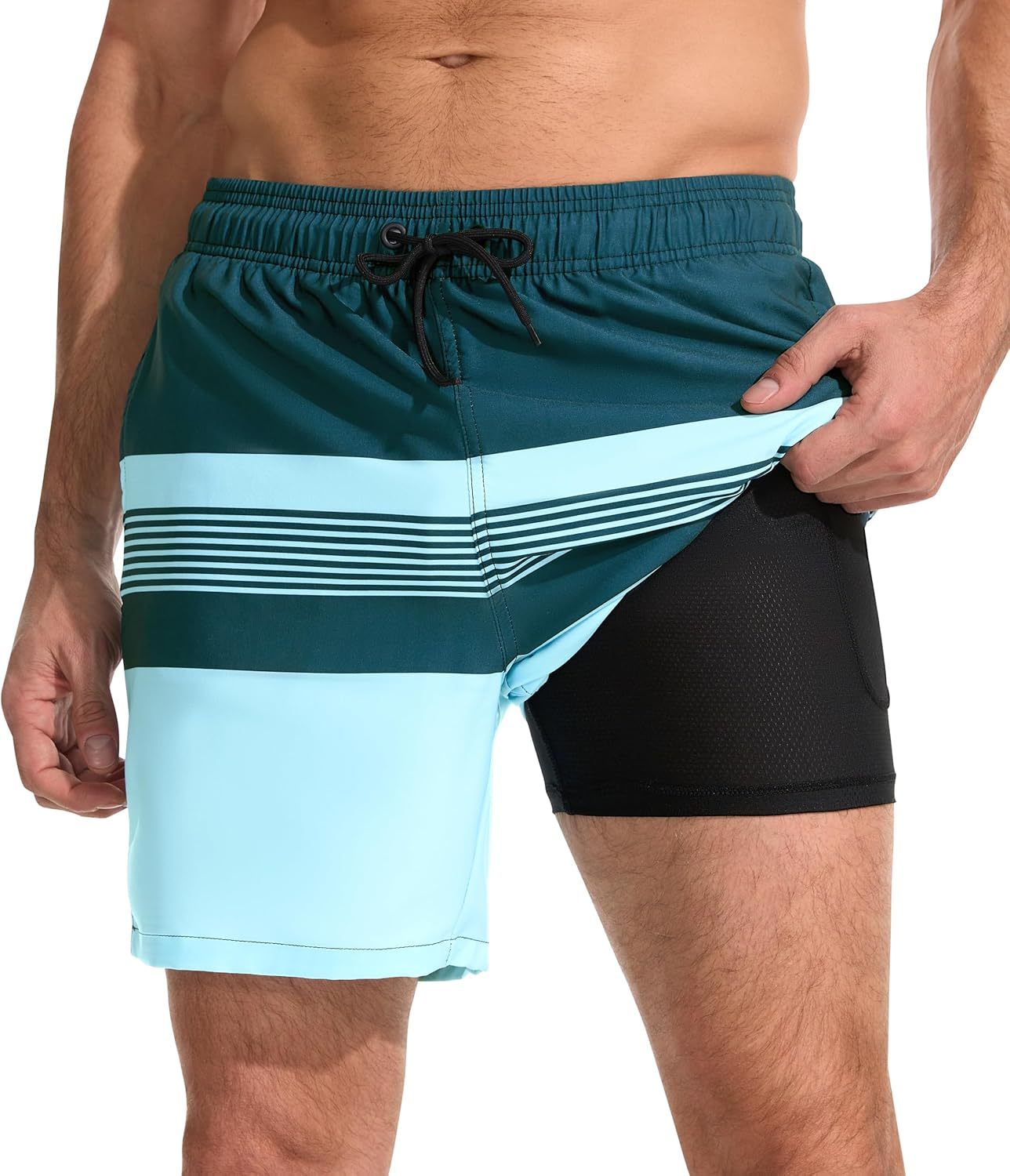 Mens Swim Trunks with Compression Liner Quick Dry Bathing Suit with Zipper Pockets Lightweight Beach Shorts