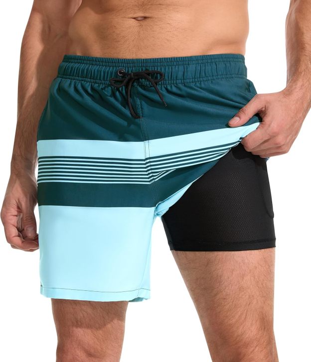 Mens Swim Trunks with Compression Liner Quick Dry Bathing Suit with Zipper Pockets Lightweight Beach Shorts