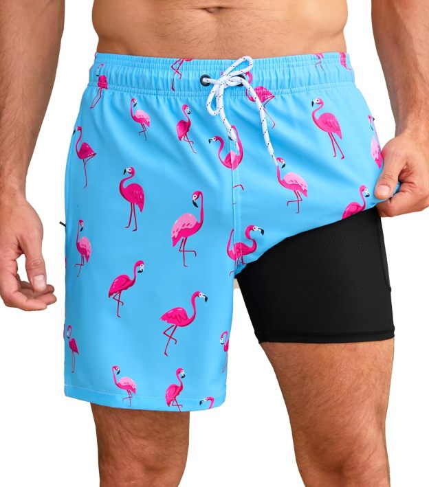 Mens Swim Trunks with Compression Liner Quick Dry Bathing Suit with Zipper Pockets Lightweight Beach Shorts