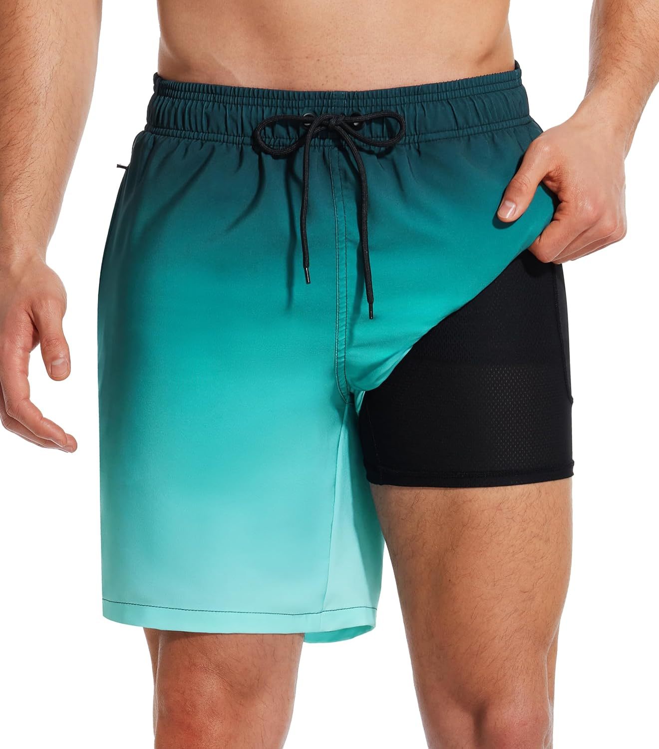 Mens Swim Trunks with Compression Liner Quick Dry Bathing Suit with Zipper Pockets Lightweight Beach Shorts